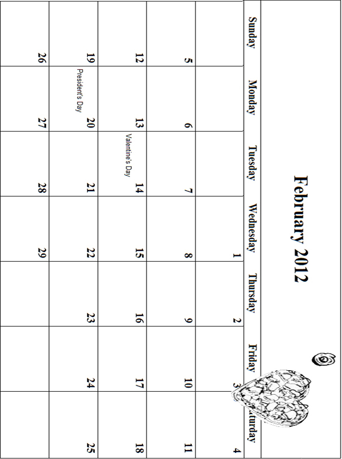 2012 Coloring Calendar Grid February