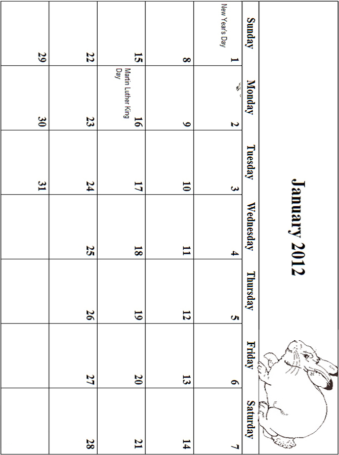 2012 Coloring Calendar Grid January