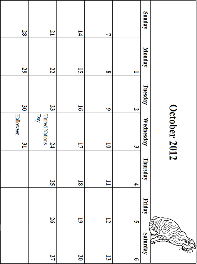 2012 Coloring Calendar Grid October