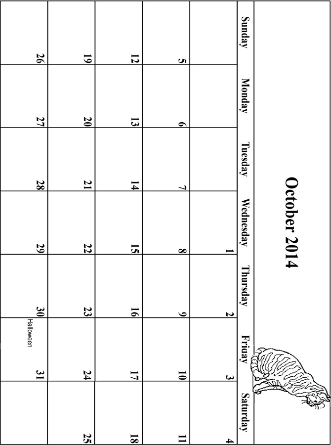 2014 Coloring Calendar Grid October