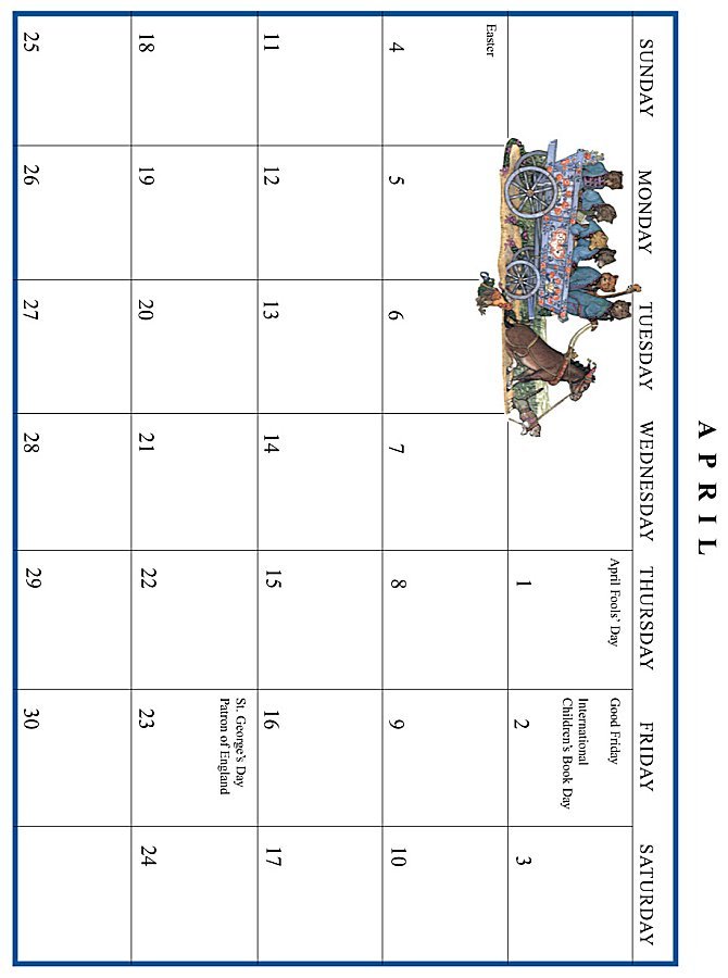 Jan Brett 1999 Calendar - April grid