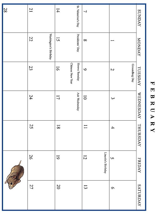 Jan Brett 1999 Calendar - February grid