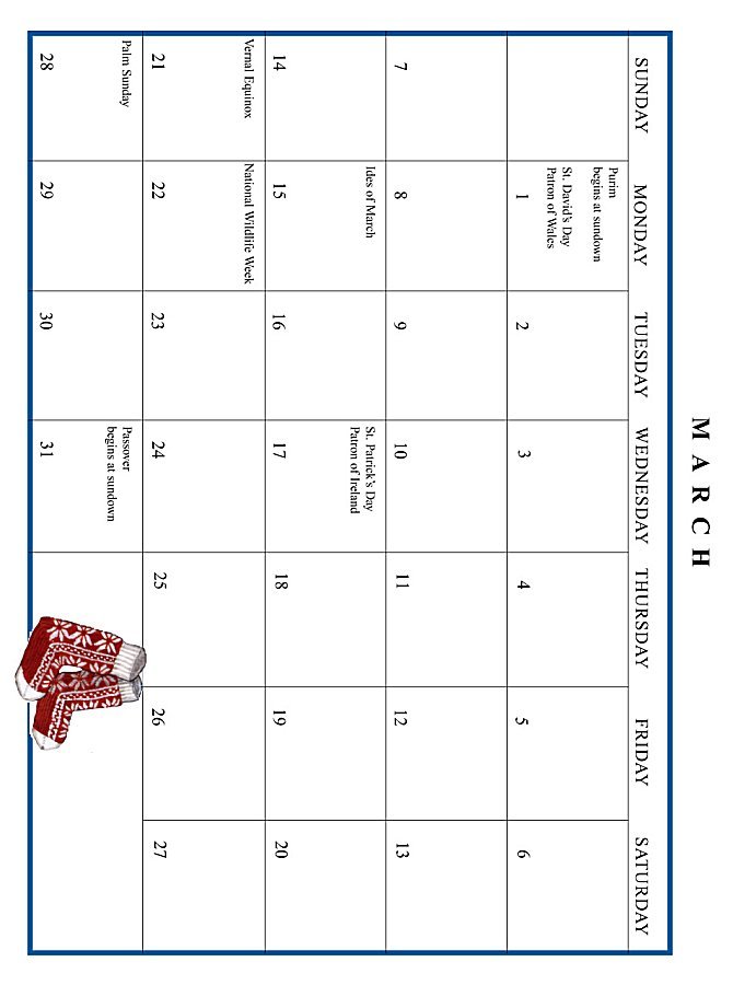 Jan Brett 1999 Calendar - March grid