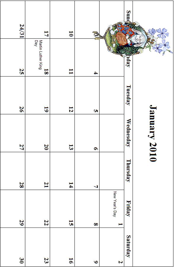 2010 January Calendar Grid